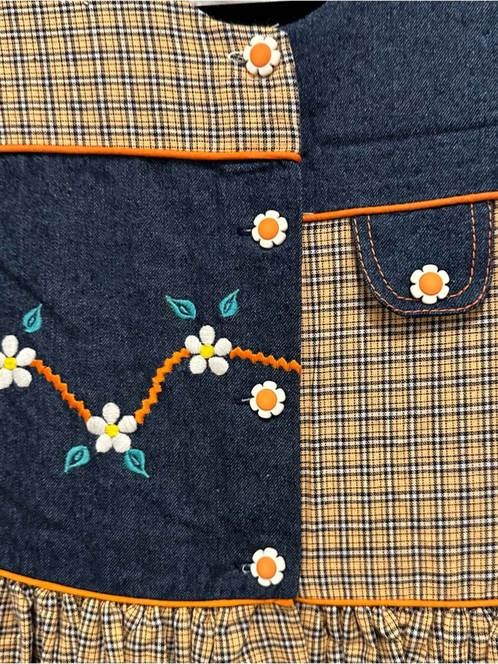 Vintage Narci Stell Sleeveless Patchwork Plaid Denim Flower Dress Girl 10 orange